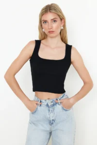 TRENDYOLMİLLA Black-White 2 Sets Package Fitted Ribbed Flexible Knitting Blouse - Image 2