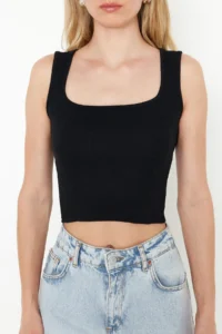 TRENDYOLMİLLA Black-White 2 Sets Package Fitted Ribbed Flexible Knitting Blouse - Image 3