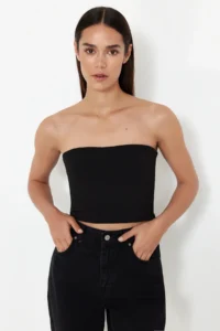 TRENDYOLMİLLA Black-Ecru 2 Sets Paket Fitted Crop Flexible Knitting Blouse - Image 2