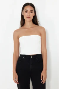TRENDYOLMİLLA Black-Ecru 2 Sets Paket Fitted Crop Flexible Knitting Blouse - Image 4