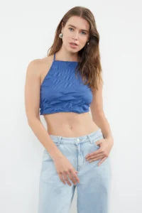 TRENDYOLMİLLA Indigo textured Crop Barbell Neck Flexible Knitting Blouse