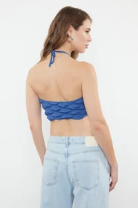 TRENDYOLMİLLA Indigo textured Crop Barbell Neck Flexible Knitting Blouse - Image 5
