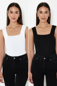 TRENDYOLMİLLA Black-Ecru Basic 2 Sets Paket Top Thin Blouse - Image 4