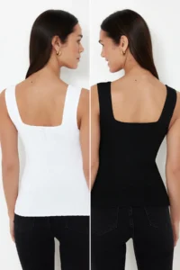 TRENDYOLMİLLA Black-Ecru Basic 2 Sets Paket Top Thin Blouse - Image 5