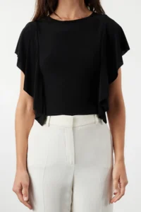 TRENDYOLMİLLA Black Sleeves Ruffle Detailed Crew Neck Flexible Knitting Blouse - Image 2