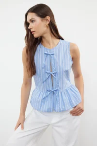 TRENDYOLMİLLA Mavi Striped Front Binding Detailed Sleeveless Weaving Blouse - Image 2