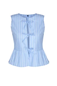 TRENDYOLMİLLA Mavi Striped Front Binding Detailed Sleeveless Weaving Blouse - Image 6