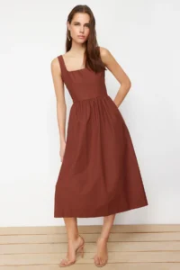 TRENDYOLMİLLA Brown Waist Midi Corset Stitching Detailed Midi Weaving Dress - Image 2