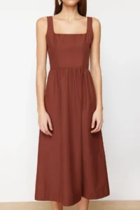 TRENDYOLMİLLA Brown Waist Midi Corset Stitching Detailed Midi Weaving Dress - Image 4