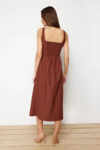 TRENDYOLMİLLA Brown Waist Midi Corset Stitching Detailed Midi Weaving Dress - Image 6