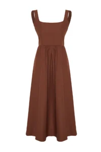 TRENDYOLMİLLA Brown Waist Midi Corset Stitching Detailed Midi Weaving Dress - Image 7