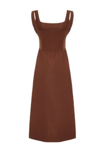 TRENDYOLMİLLA Brown Waist Midi Corset Stitching Detailed Midi Weaving Dress - Image 8