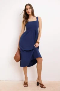 TRENDYOLMİLLA Indigo Waist Midi Corset Weaving Dress with Sewing Detail - Image 2