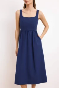 TRENDYOLMİLLA Indigo Waist Midi Corset Weaving Dress with Sewing Detail - Image 3