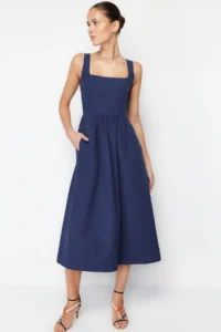 TRENDYOLMİLLA Indigo Waist Midi Corset Weaving Dress with Sewing Detail - Image 5