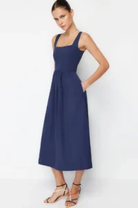 TRENDYOLMİLLA Indigo Waist Midi Corset Weaving Dress with Sewing Detail - Image 6