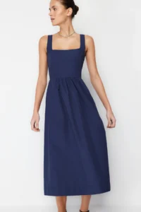 TRENDYOLMİLLA Indigo Waist Midi Corset Weaving Dress with Sewing Detail - Image 7