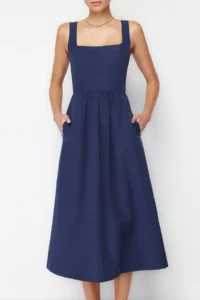 TRENDYOLMİLLA Indigo Waist Midi Corset Weaving Dress with Sewing Detail - Image 8