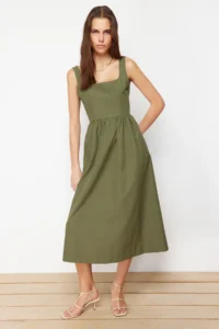 TRENDYOLMİLLA Khaki Waist Midi Corset Stitching Detailed Midi Weaving Dress - Image 2