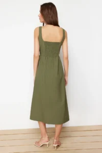 TRENDYOLMİLLA Khaki Waist Midi Corset Stitching Detailed Midi Weaving Dress - Image 6
