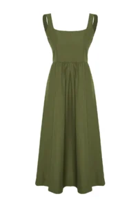 TRENDYOLMİLLA Khaki Waist Midi Corset Stitching Detailed Midi Weaving Dress - Image 7