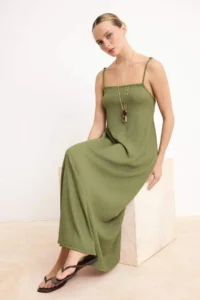 TRENDYOLMİLLA Khaki Adjustable Sleeveless A-line Crepe/textured Knitting Maxi Dress