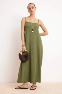 TRENDYOLMİLLA Khaki Adjustable Sleeveless A-line Crepe/textured Knitting Maxi Dress - Image 2