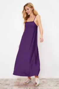 TRENDYOLMİLLA Purple Adjustable Sleeveless Square Neck A-line Crepe/textured Knitting Maxi Dress - Image 2