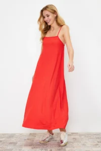 TRENDYOLMİLLA Rejection Adjustable Sleeveless Square Neck A-line Crepe/textured Knitting Maxi Dress - Image 2