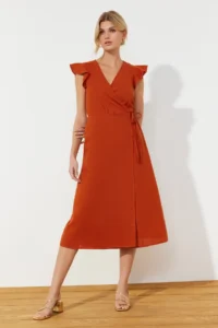 TRENDYOLMİLLA Brick Rejection Double breasted Ruffle Detailed linen look Midi Weaving Dress