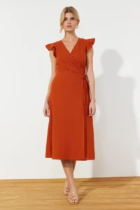 TRENDYOLMİLLA Brick Rejection Double breasted Ruffle Detailed linen look Midi Weaving Dress - Image 2