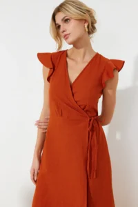 TRENDYOLMİLLA Brick Rejection Double breasted Ruffle Detailed linen look Midi Weaving Dress - Image 3