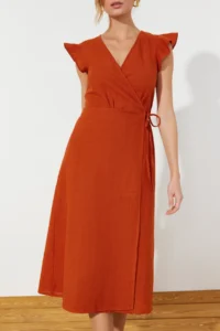 TRENDYOLMİLLA Brick Rejection Double breasted Ruffle Detailed linen look Midi Weaving Dress - Image 4