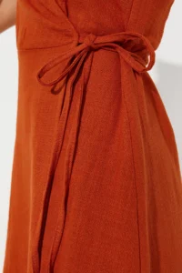 TRENDYOLMİLLA Brick Rejection Double breasted Ruffle Detailed linen look Midi Weaving Dress - Image 5