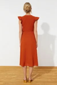 TRENDYOLMİLLA Brick Rejection Double breasted Ruffle Detailed linen look Midi Weaving Dress - Image 6