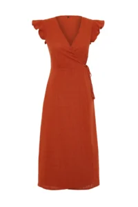 TRENDYOLMİLLA Brick Rejection Double breasted Ruffle Detailed linen look Midi Weaving Dress - Image 7