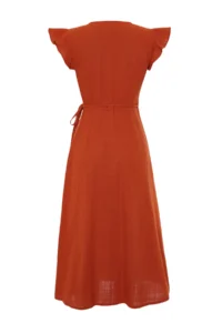 TRENDYOLMİLLA Brick Rejection Double breasted Ruffle Detailed linen look Midi Weaving Dress - Image 8