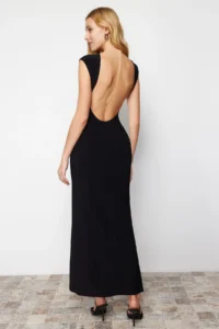 TRENDYOLMİLLA Black Low-cut back Fitted Maxi Flexible Knitting Maxi Pen Dress