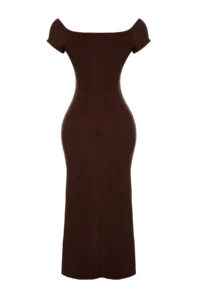 TRENDYOLMİLLA Brown Carmen Collar Fitted Flexible Knitting Maxi Pen Dress - Image 8