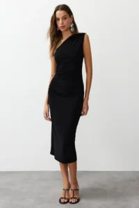 TRENDYOLMİLLA Black One Shoulder Draped Fitted Flexible Knitting Midi Pen Dress