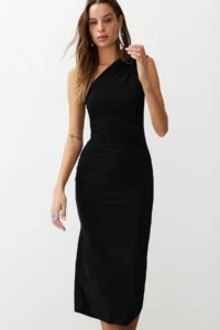 TRENDYOLMİLLA Black One Shoulder Draped Fitted Flexible Knitting Midi Pen Dress - Image 2