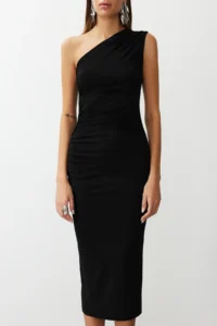 TRENDYOLMİLLA Black One Shoulder Draped Fitted Flexible Knitting Midi Pen Dress - Image 5