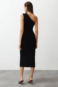 TRENDYOLMİLLA Black One Shoulder Draped Fitted Flexible Knitting Midi Pen Dress - Image 6
