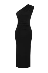 TRENDYOLMİLLA Black One Shoulder Draped Fitted Flexible Knitting Midi Pen Dress - Image 7