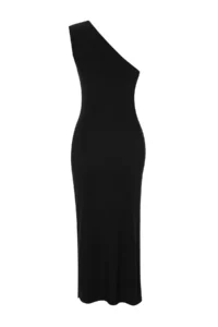 TRENDYOLMİLLA Black One Shoulder Draped Fitted Flexible Knitting Midi Pen Dress - Image 8