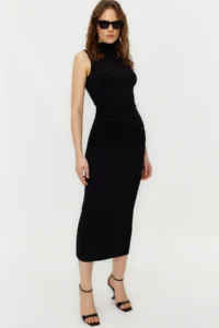 TRENDYOLMİLLA Black Zero Sleeve Draped bodycone/Fitting Flexible Knitting Maxi Pen Dress - Image 2