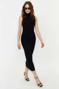 TRENDYOLMİLLA Black Zero Sleeve Draped bodycone/Fitting Flexible Knitting Maxi Pen Dress - Image 3