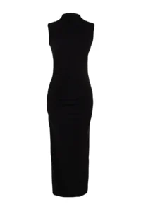 TRENDYOLMİLLA Black Zero Sleeve Draped bodycone/Fitting Flexible Knitting Maxi Pen Dress - Image 7