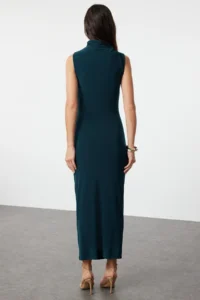 TRENDYOLMİLLA Emerald Green Plain Zero Sleeve Draped bodycone/Fitting Flexible Knitting Dress - Image 5