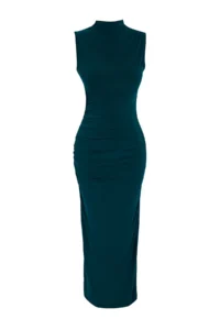 TRENDYOLMİLLA Emerald Green Plain Zero Sleeve Draped bodycone/Fitting Flexible Knitting Dress - Image 6